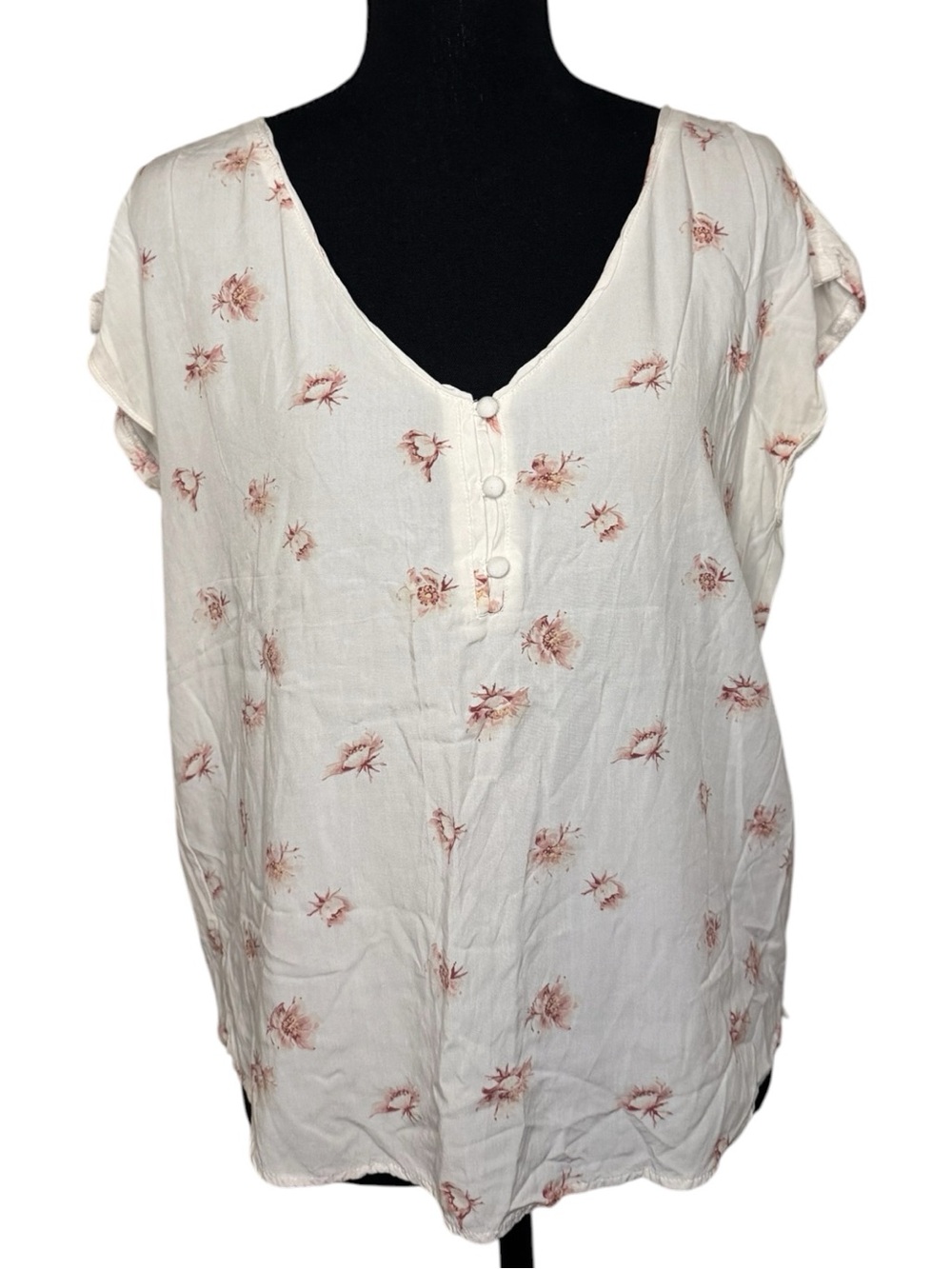 Abercrombie & Fitch Cream Short-Sleeve Floral Henley Blouse